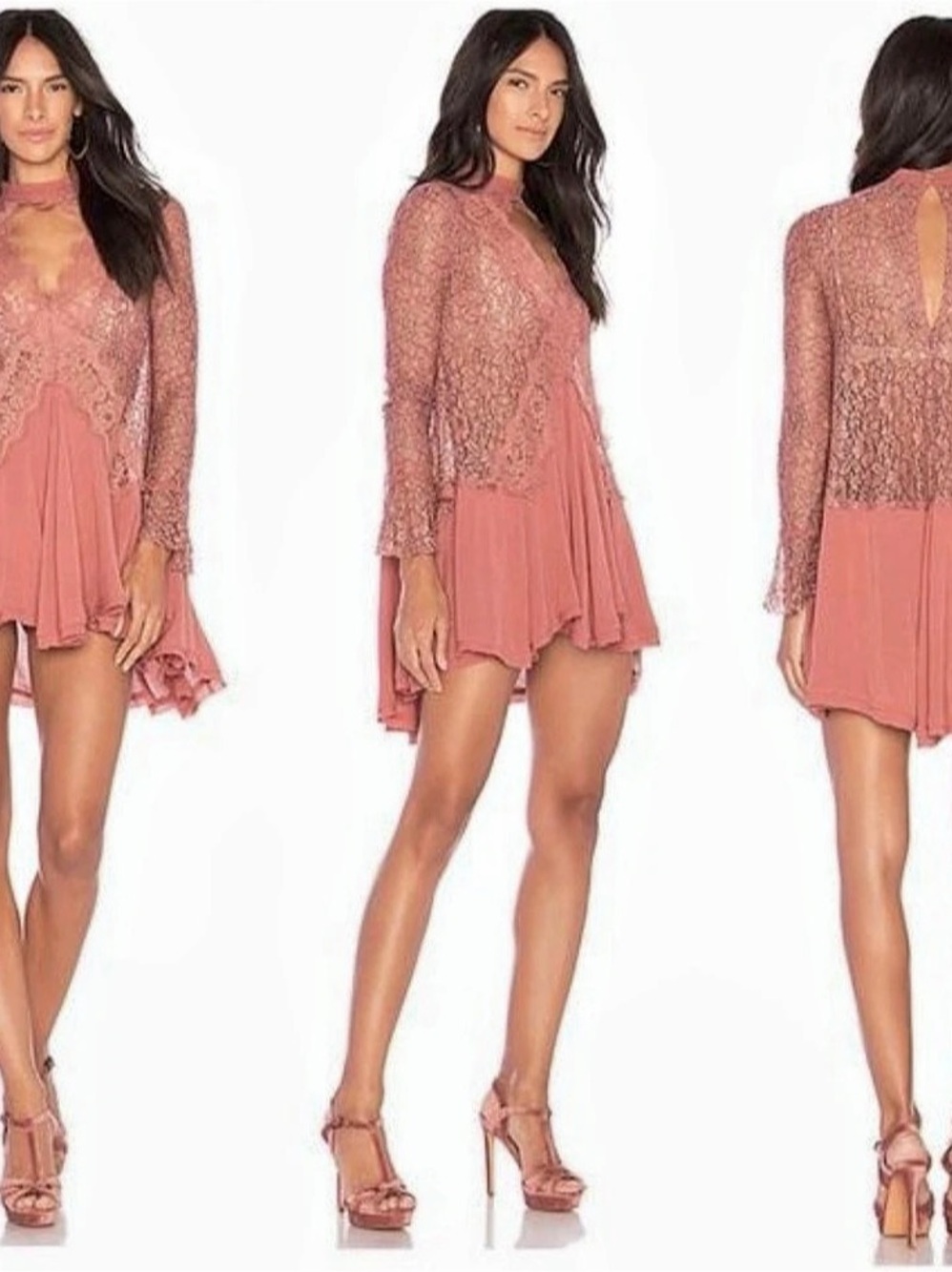 Free People Lace Tunic Mini Dress in Dusty Mauve Pink Small